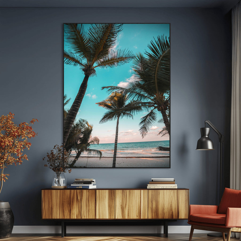 Palm Trees Wall Art Canvas Print, Framed Tropical Beach Art, Ocean Breeze Tropical Coastal Decor