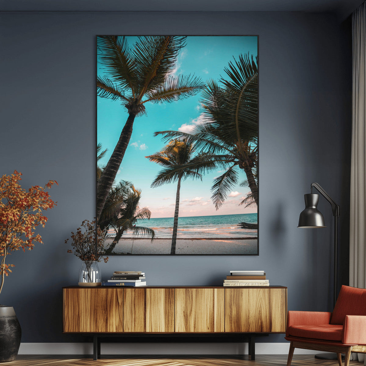 Palm Trees Wall Art Canvas Print, Framed Tropical Beach Art, Ocean Breeze Tropical Coastal Decor