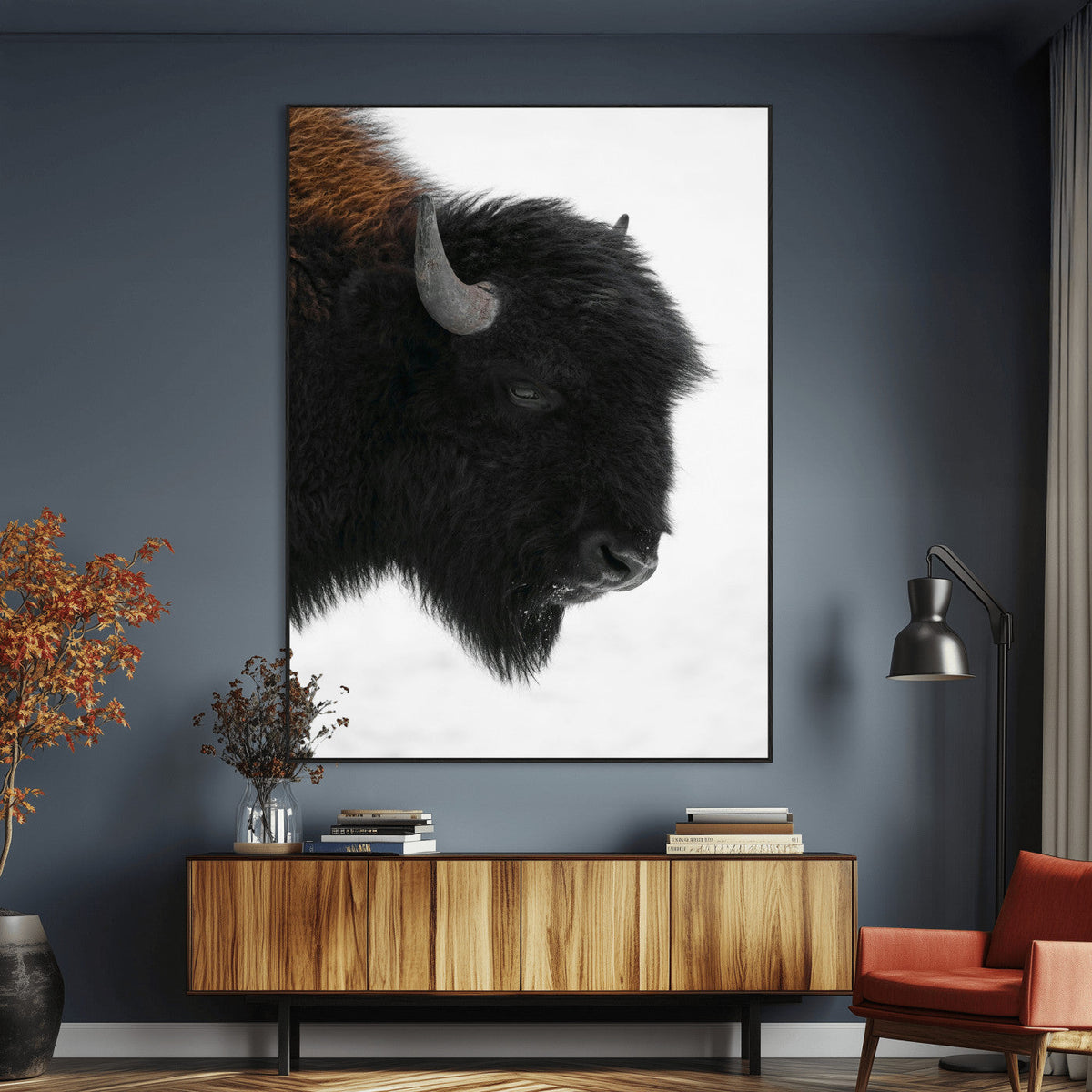 Western Rustic Wall Art Canvas Print, Framed Black and White Buffalo Photography, Wildlife Country Decor