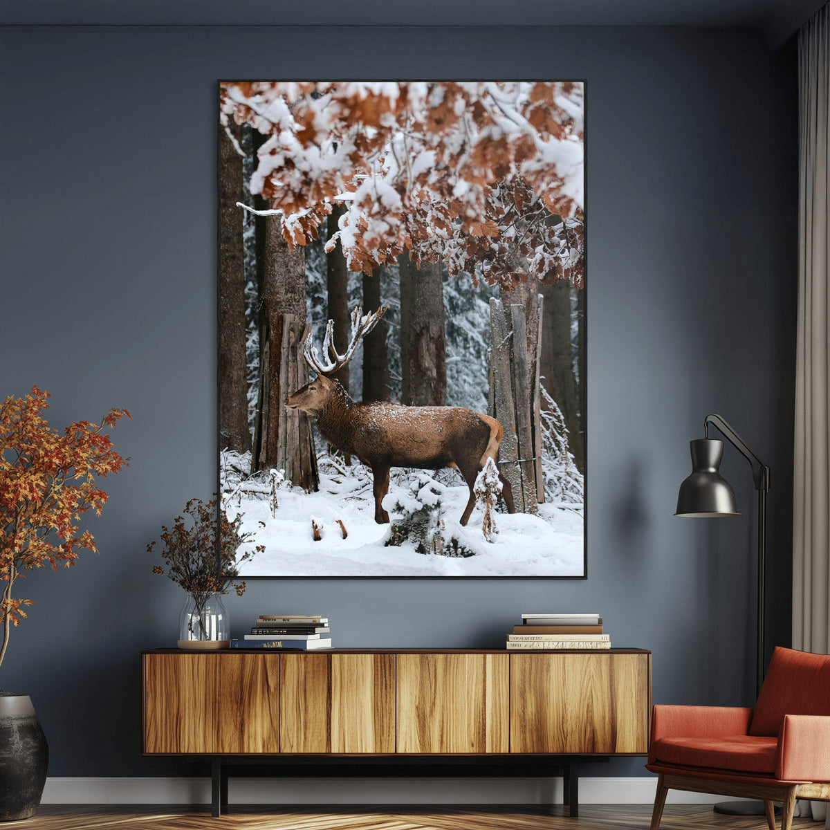 Serene Landscape Wall Art Canvas Print, Framed Winter Wonderland Deer Art, Rustic Cabin Decor