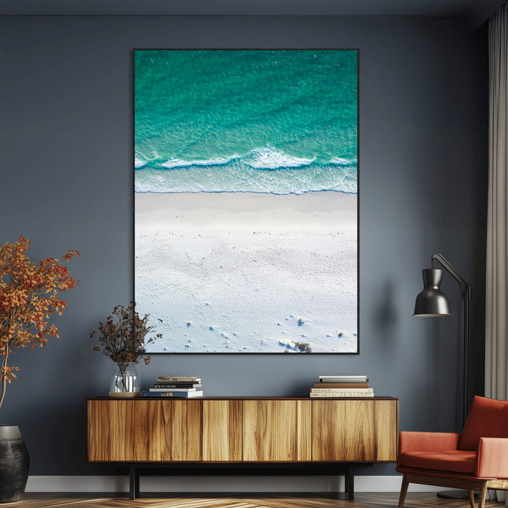 Turquoise Ocean Wall Art Canvas Print, Framed White Sand Shore Art, Gentle Waves Coastal Decor