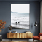 Surfer Silhouettes Wall Art Canvas Print, Framed Minimalist Ocean Art, Soft Horizon Coastal Decor