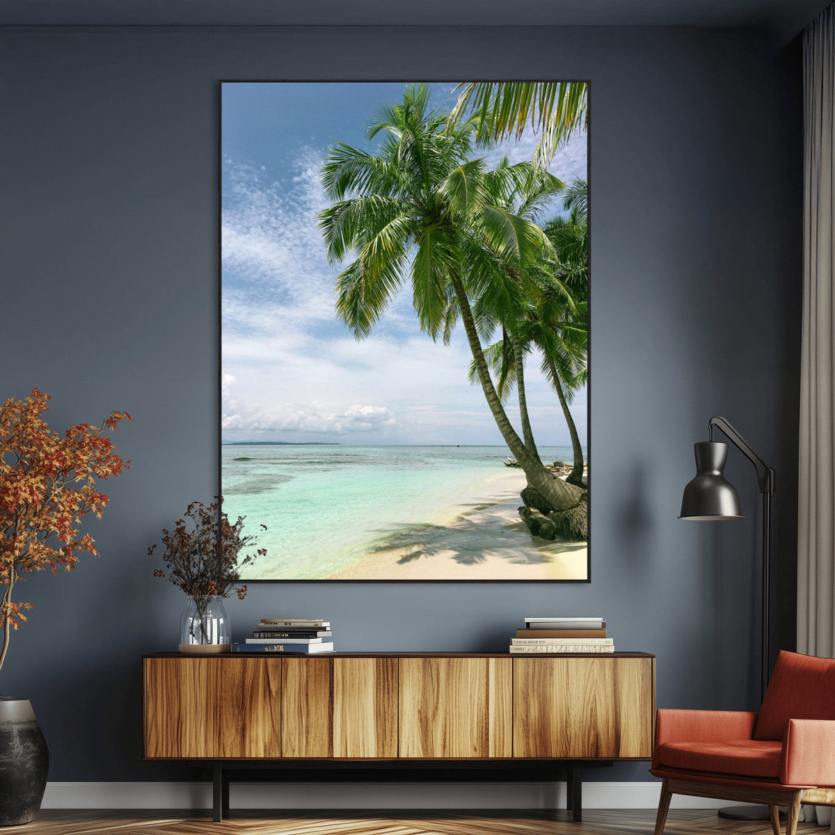 Tropical Beach Palm Trees Canvas Print, Framed Island Coastal Wall Art Ocean Horizon