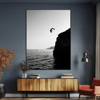 Silhouette Cliff Diver Wall Art | Framed Black White Ocean Canvas
