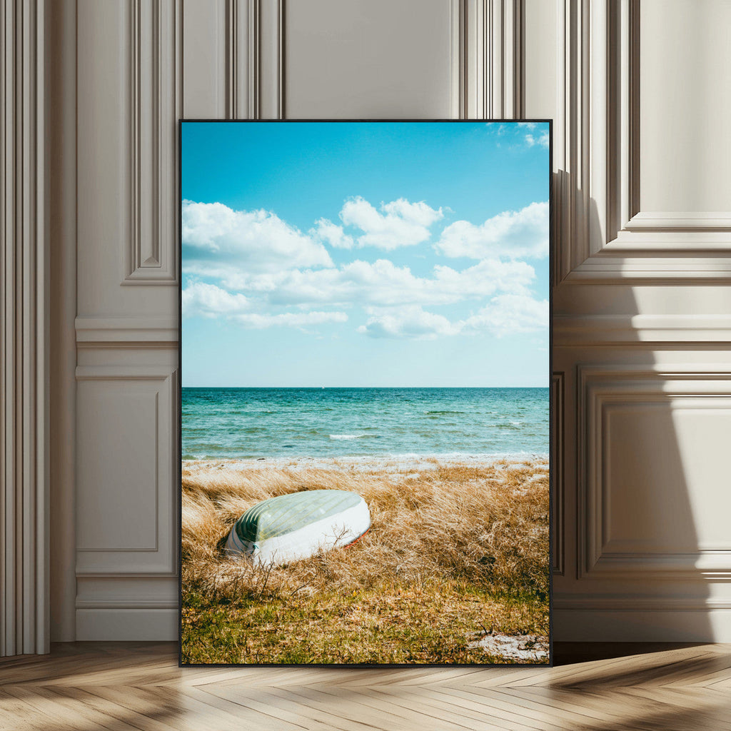 Coastal Serenity Wall Art Canvas Print, Framed Ocean View Art, Rustic Boat Nautical Coastal Decor