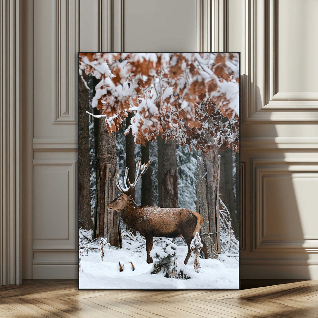 Serene Landscape Wall Art Canvas Print, Framed Winter Wonderland Deer Art, Rustic Cabin Decor