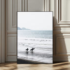 Surfer Silhouettes Wall Art Canvas Print, Framed Minimalist Ocean Art, Soft Horizon Coastal Decor