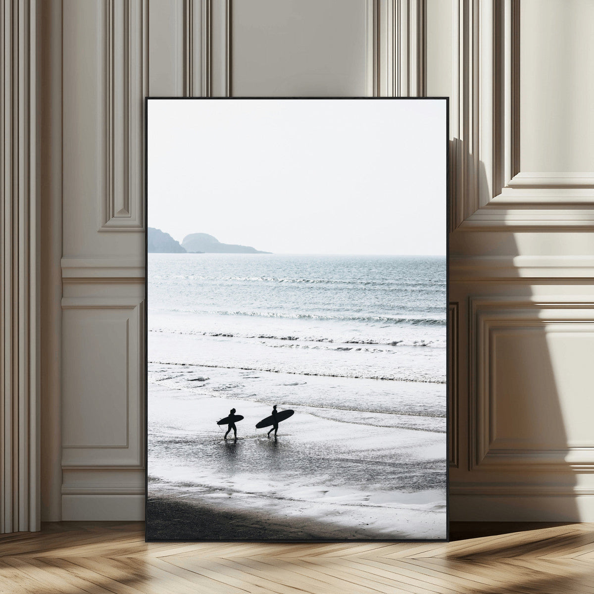 Surfer Silhouettes Wall Art Canvas Print, Framed Minimalist Ocean Art, Soft Horizon Coastal Decor