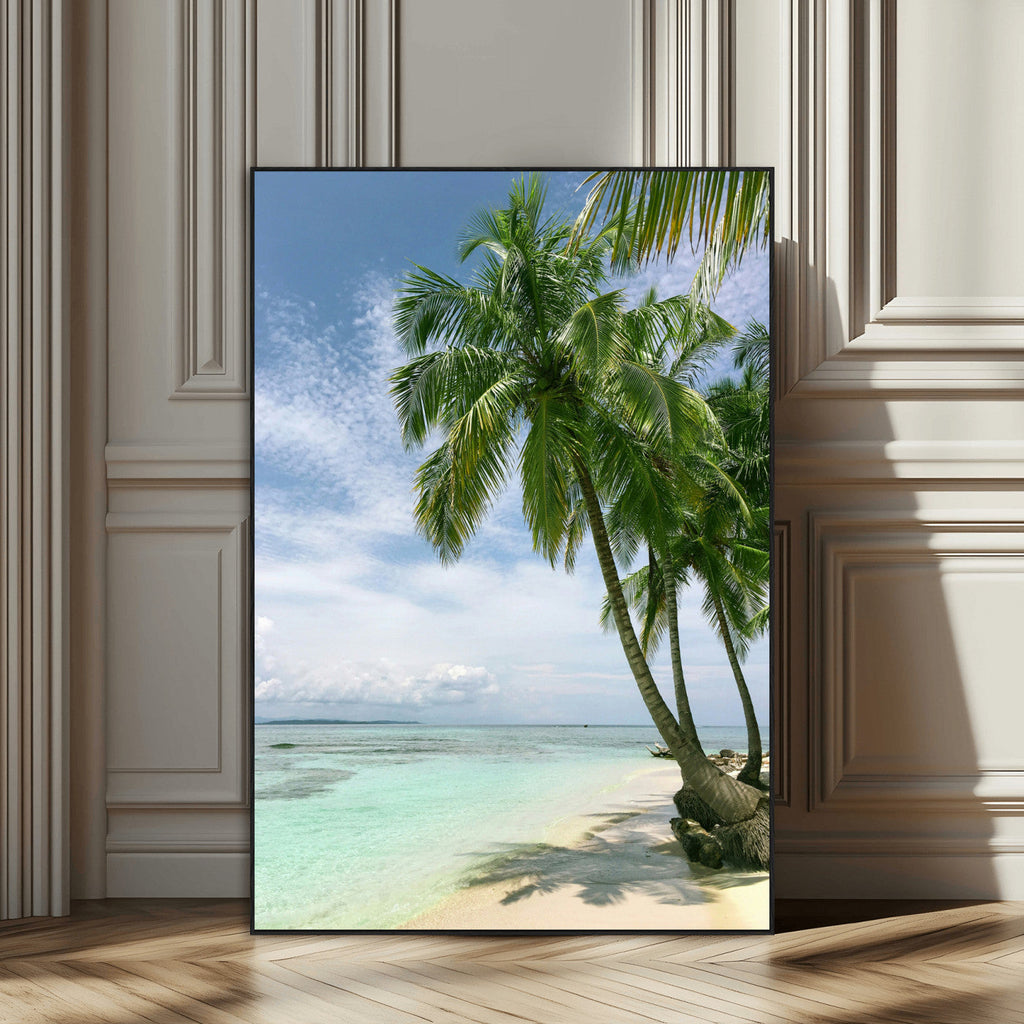 Tropical Beach Palm Trees Canvas Print, Framed Island Coastal Wall Art Ocean Horizon