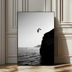 Silhouette Cliff Diver Wall Art | Framed Black White Ocean Canvas