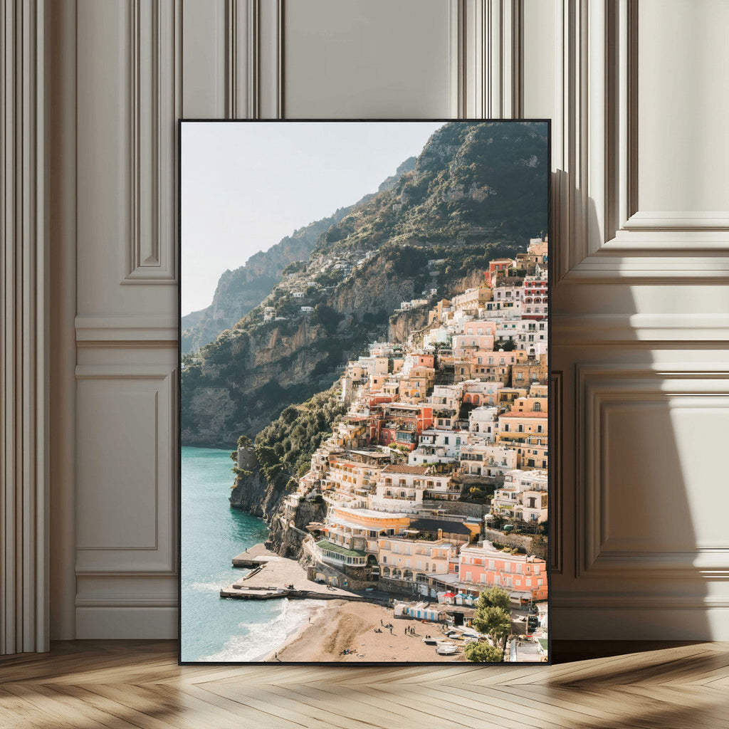 Mediterranean Coastal Cliffside Town Wall Art | Vibrant Seaside Canvas Print