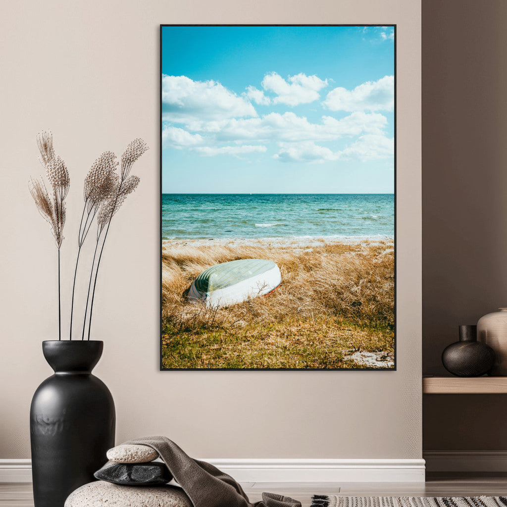 Coastal Serenity Wall Art Canvas Print, Framed Ocean View Art, Rustic Boat Nautical Coastal Decor