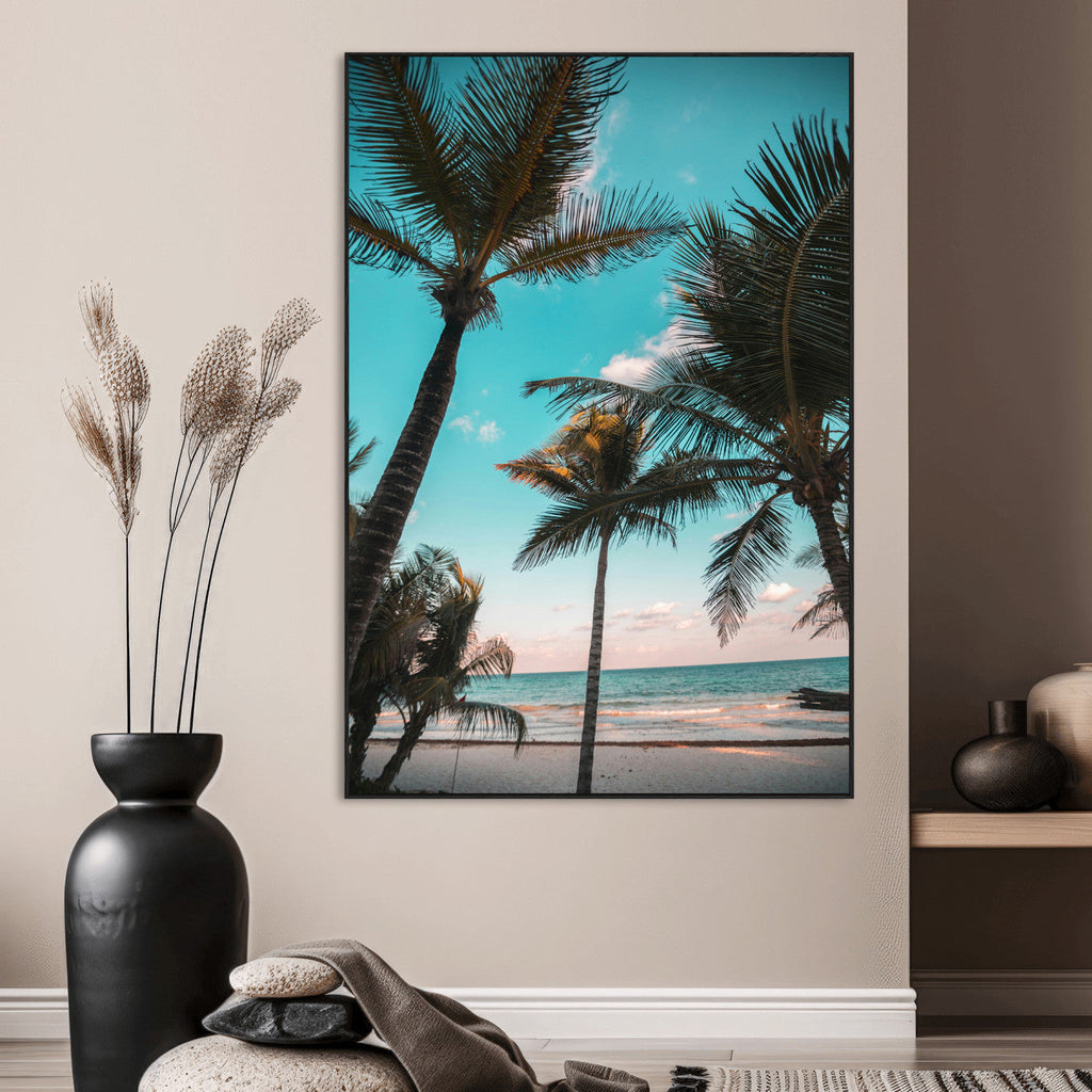 Palm Trees Wall Art Canvas Print, Framed Tropical Beach Art, Ocean Breeze Tropical Coastal Decor