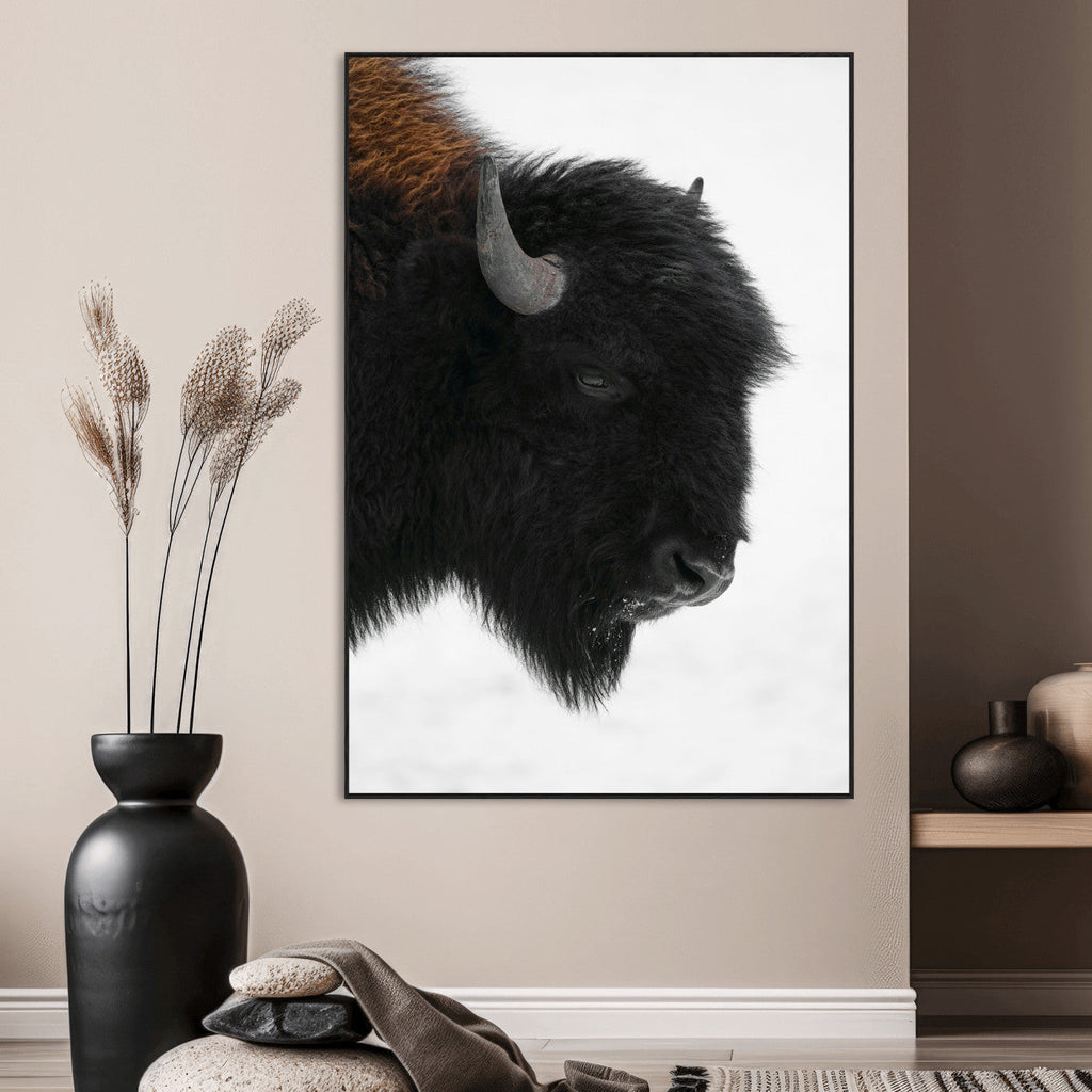 Western Rustic Wall Art Canvas Print, Framed Black and White Buffalo Photography, Wildlife Country Decor