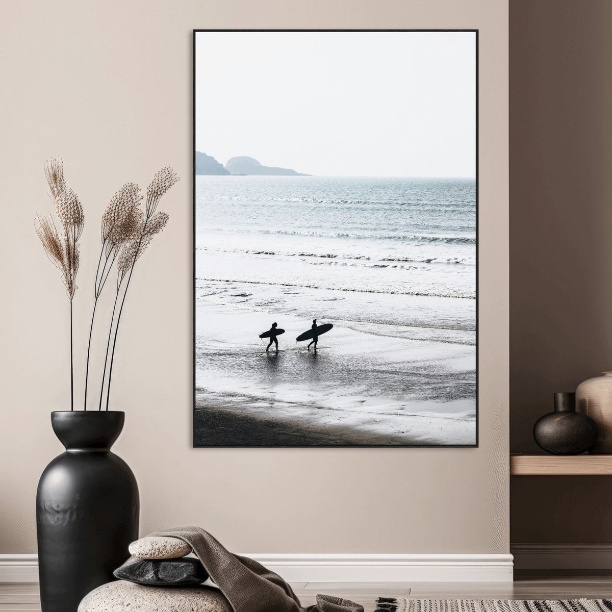 Surfer Silhouettes Wall Art Canvas Print, Framed Minimalist Ocean Art, Soft Horizon Coastal Decor
