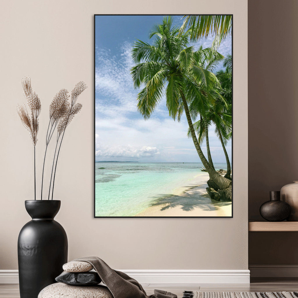 Tropical Beach Palm Trees Canvas Print, Framed Island Coastal Wall Art Ocean Horizon