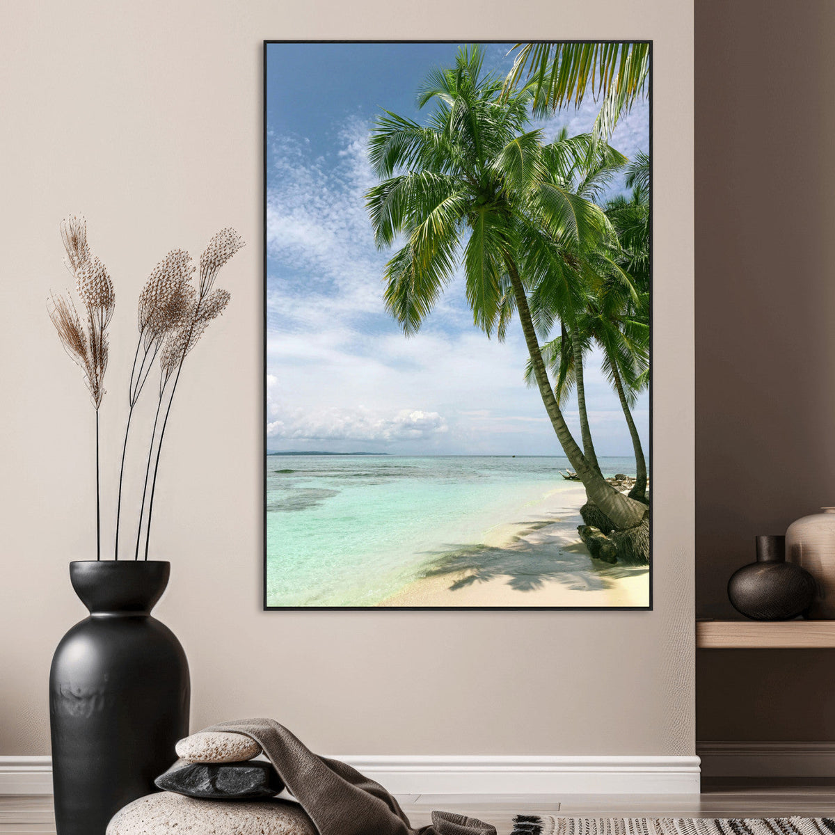 Tropical Beach Palm Trees Canvas Print, Framed Island Coastal Wall Art Ocean Horizon