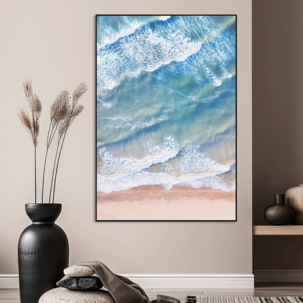 Aerial Ocean Waves Wall Art | Framed Tranquil Beach Canvas