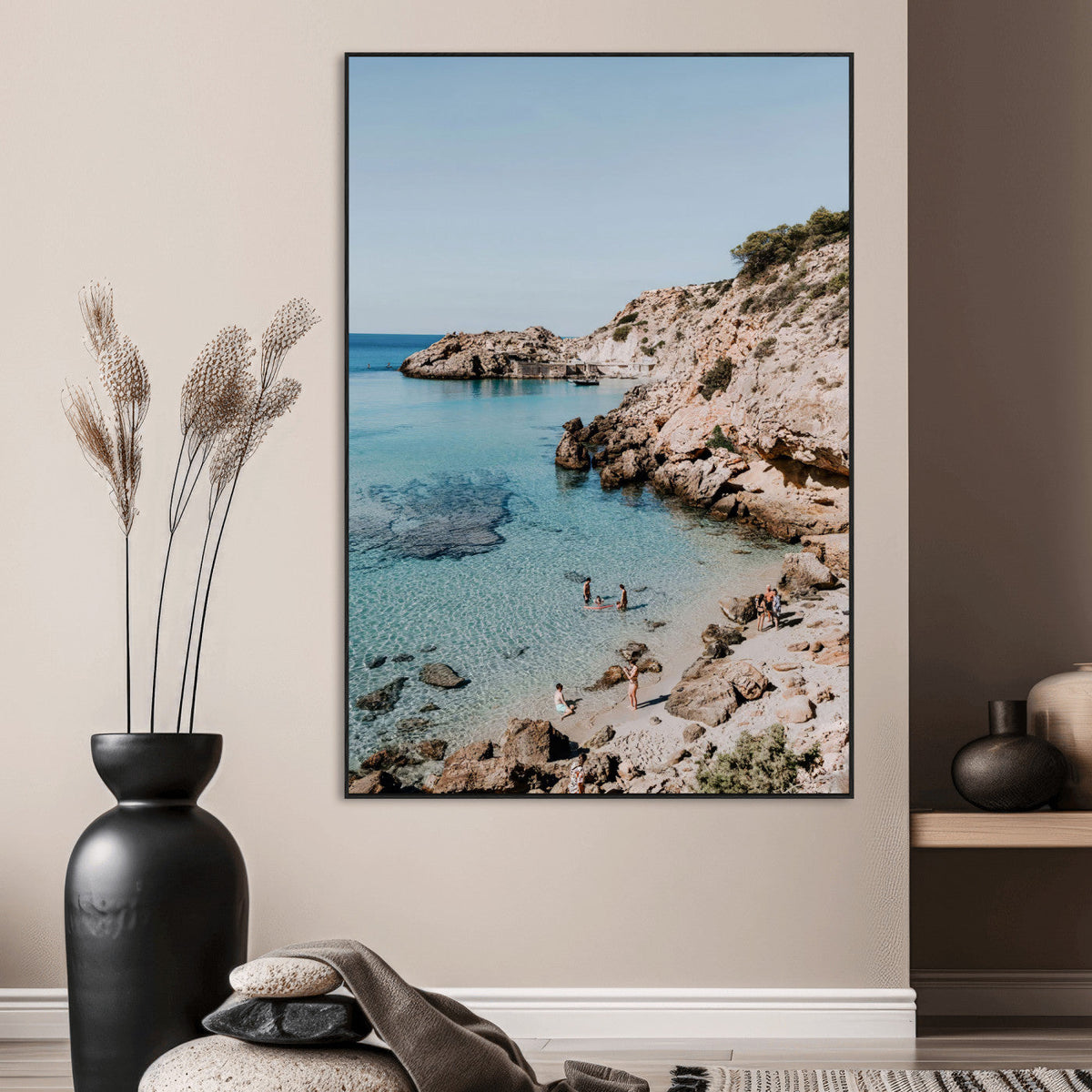 Clear Blue Water Beach Wall Art | Framed Rocky Cove Canvas