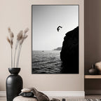 Silhouette Cliff Diver Wall Art | Framed Black White Ocean Canvas