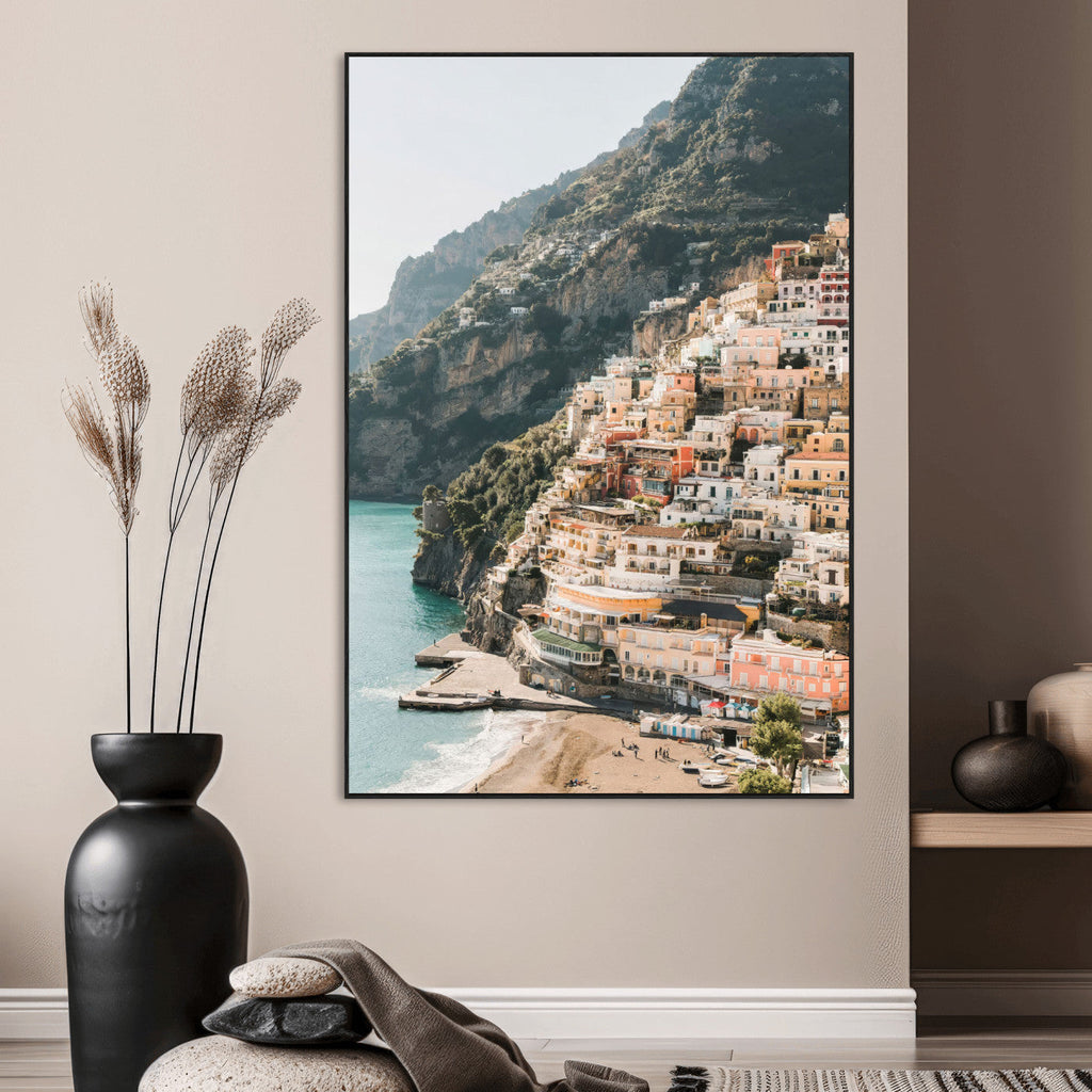 Mediterranean Coastal Cliffside Town Wall Art | Vibrant Seaside Canvas Print