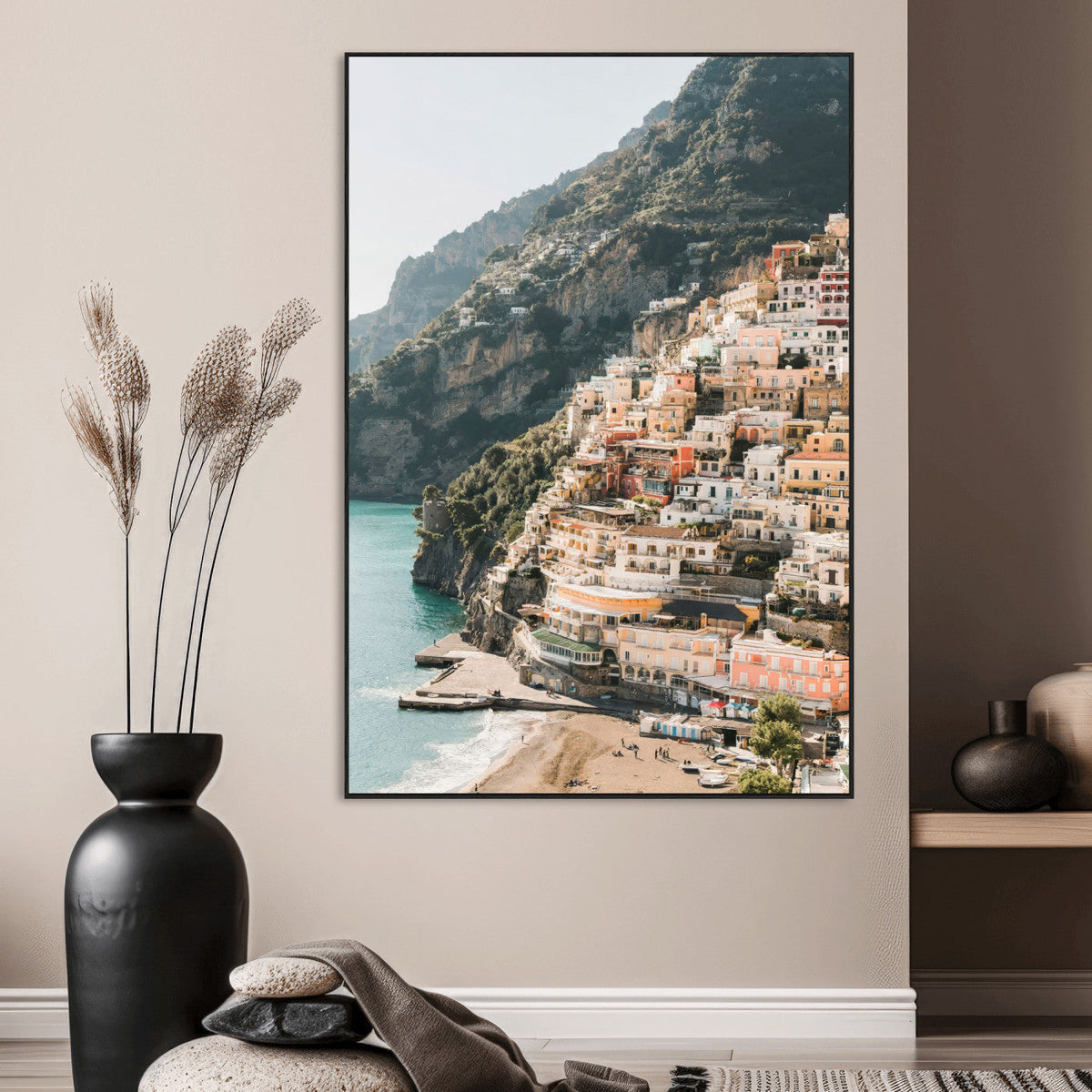 Mediterranean Coastal Cliffside Town Wall Art | Vibrant Seaside Canvas Print