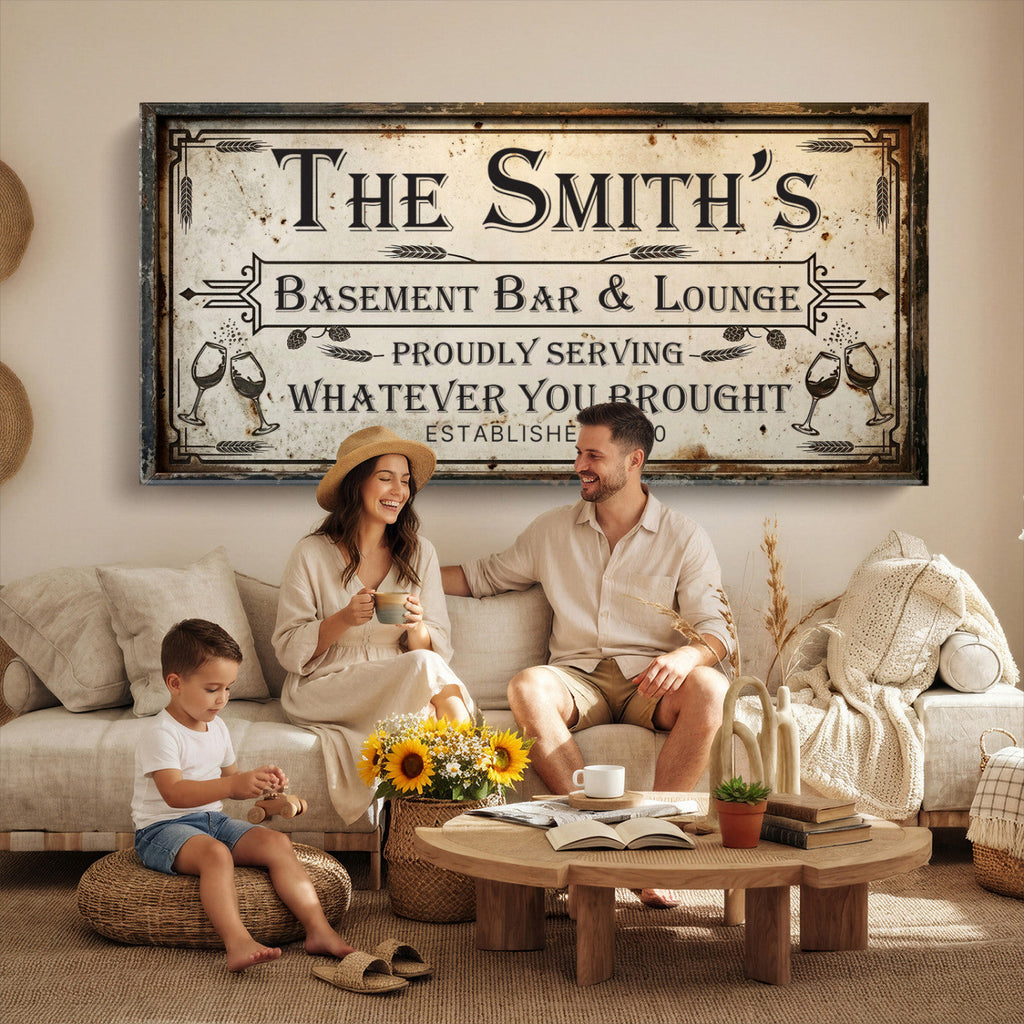 Custom Family Patio Sign Wall Art Canvas Print, Personalized Rustic Bar Sign