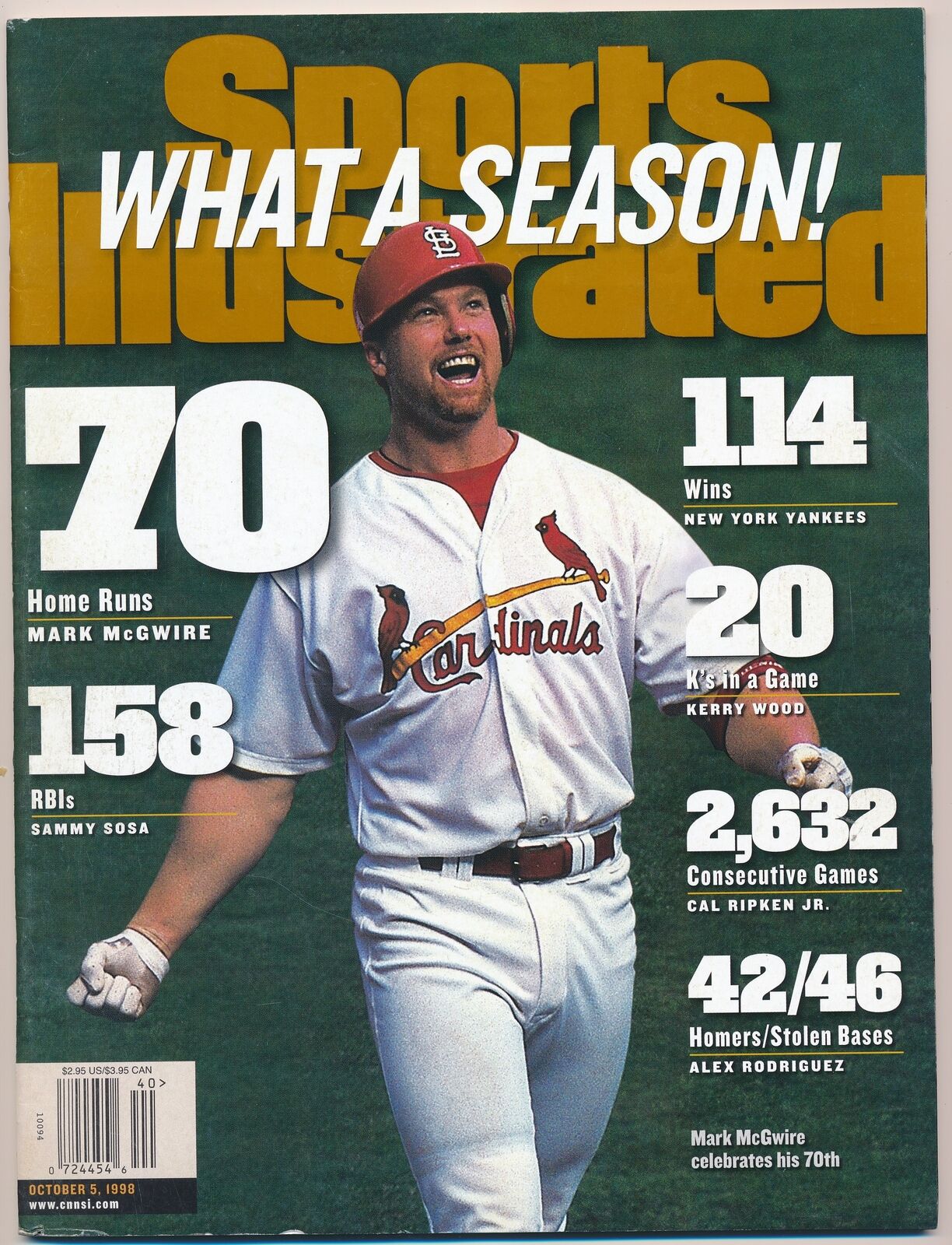 October 5, 1998 Mark McGwire Sports Illustrated NO LABEL Newsstand Cardinals