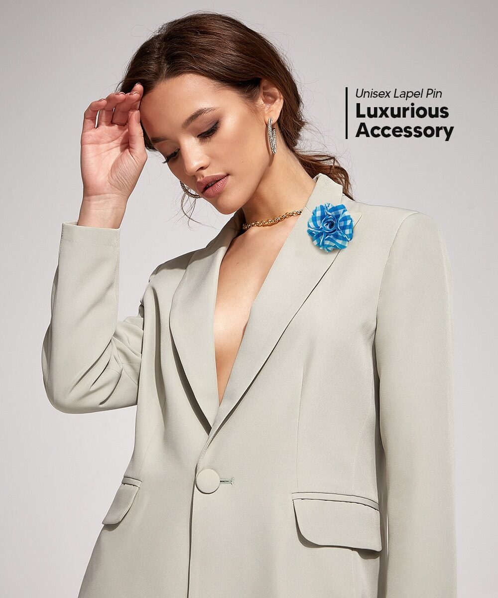 Vittorio Vico Unisex Metallic Silver Accent Plaid Flower Lapel Pin