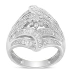 .925 Sterling Silver 1-1/8 Cttw Round & Baguette Diamond 'Flower & Fern' Cluster Cocktail Fashion Ring (I-J Color, I2-I3 Clarity) - Size 6