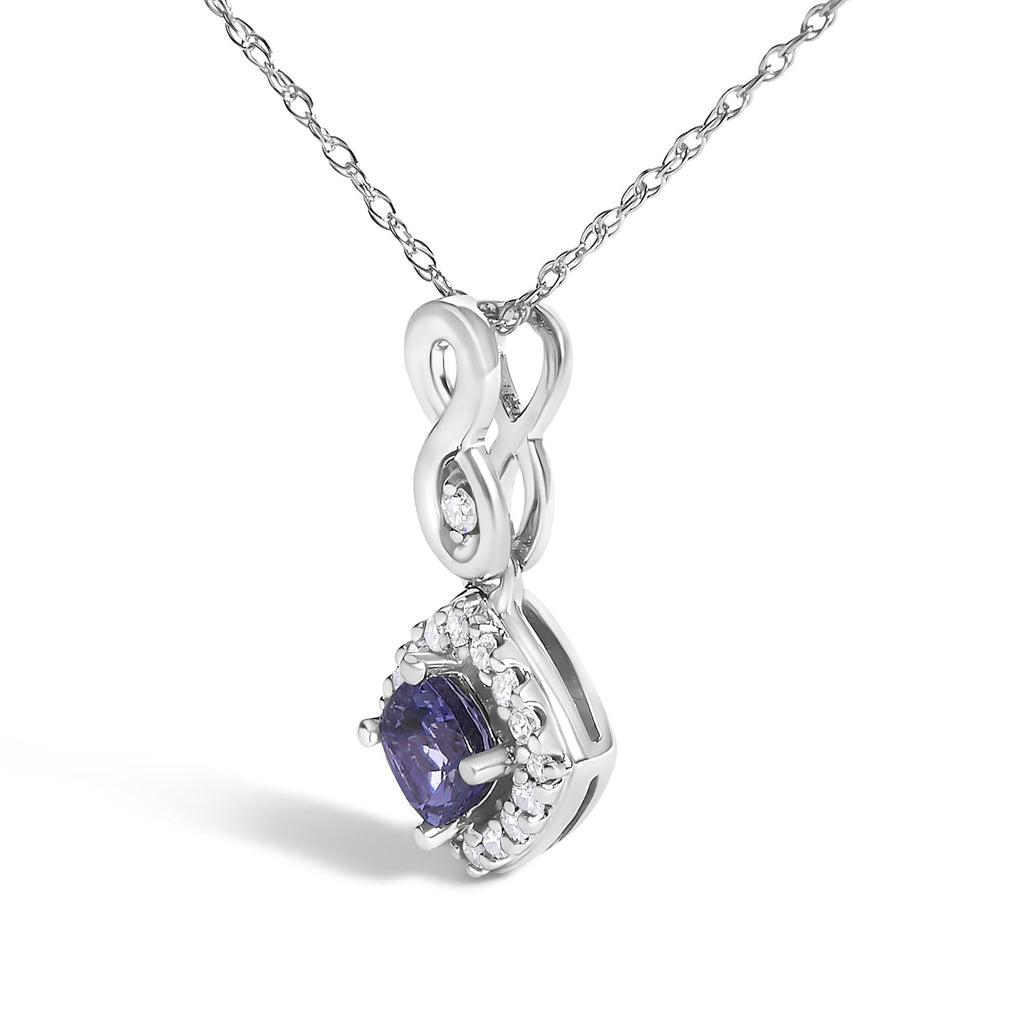 10K White Gold Blue Purple Tanzanite and Diamond Accent Cushion Drop Pendant Necklace - 18" Inches