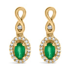 10K Yellow Gold Oval Cut Green Emerald 5x3 mm and 1/7 Cttw Round Diamond Dangle Earrings