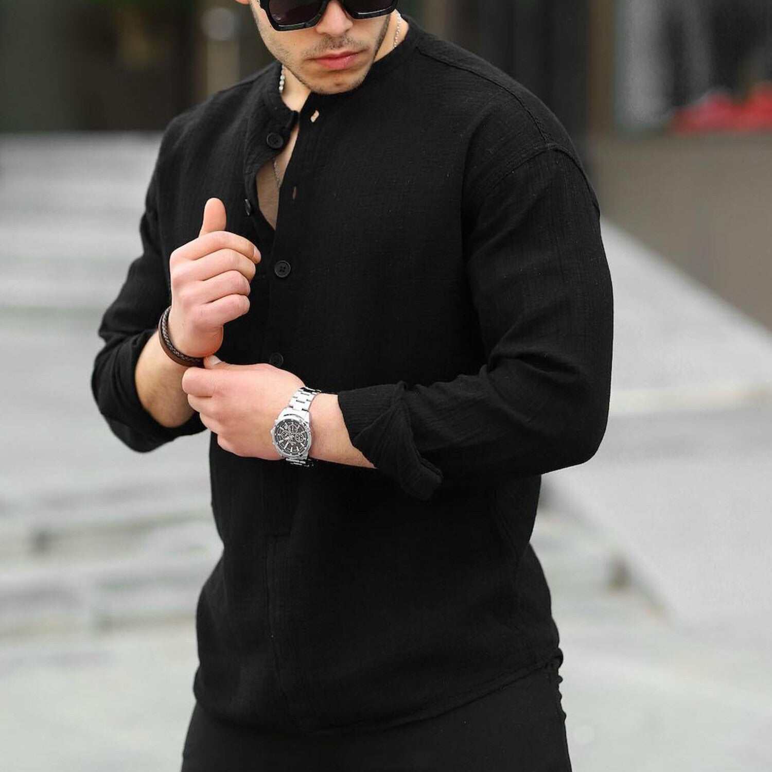 Half Patch Collar Muslin Fabric Shirt // Black