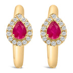 10K Yellow Gold Pear Cut Red Ruby 4x3 mm and 1/10 Cttw Round Diamond Huggy Earrings (I-J Color, I1-I2 Clarity)