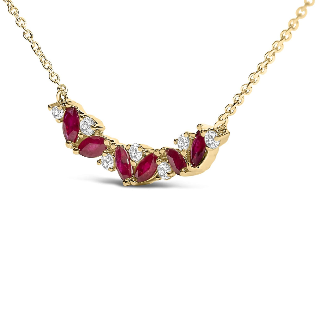 14K Yellow Gold Red Ruby and Diamond Trio Bar Line Necklace (I-J Color, SI2-I1 Clarity) - 18 inch