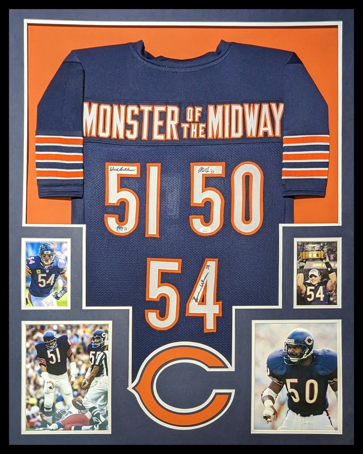 Framed Chicago Bears 3X Signed Singletary Urlacher Butkus Jersey Dual Coa