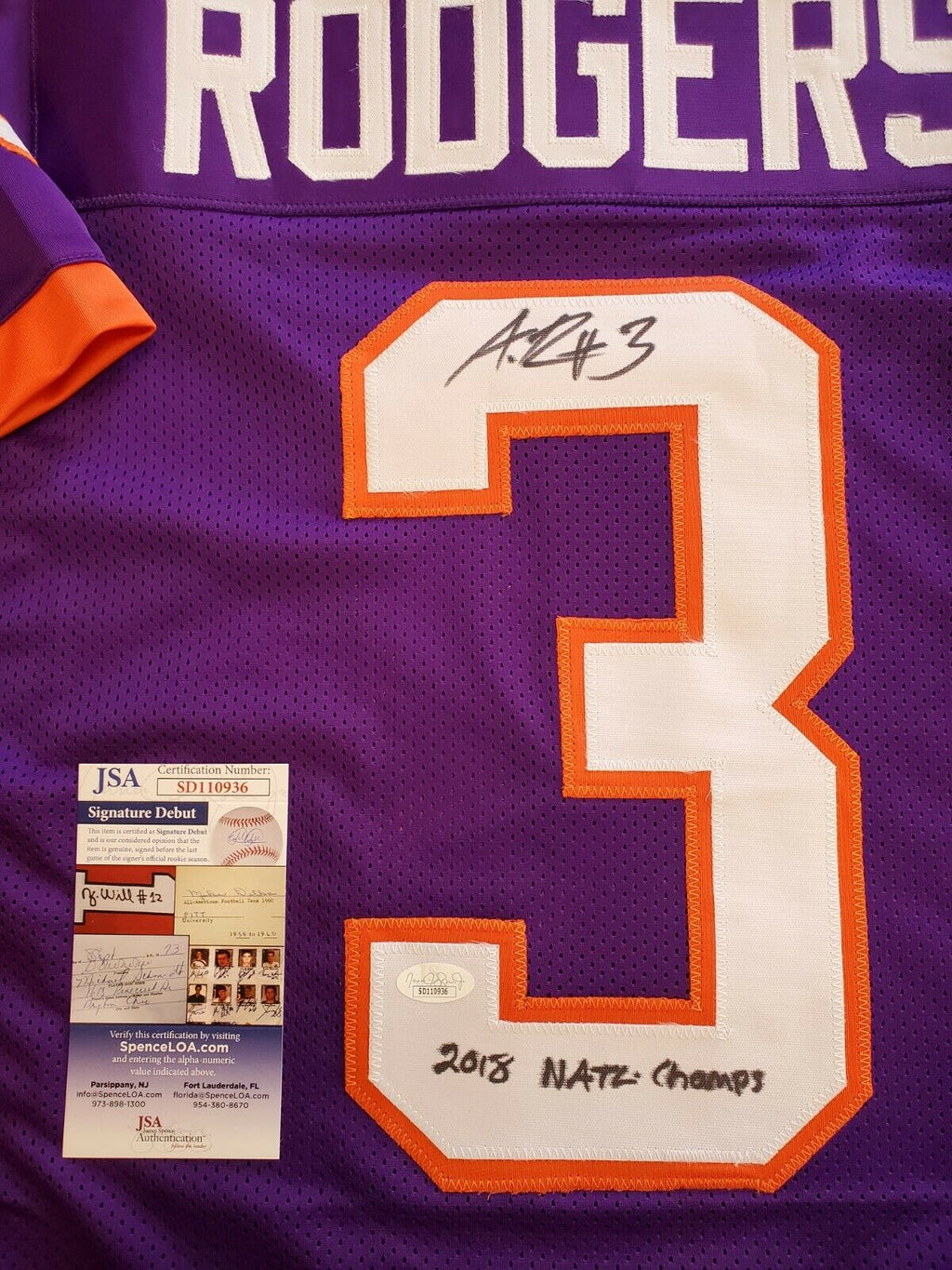 CLEMSON TIGERS AMARI RODGERS AUTOGRAPHED SIGNED INSCRIBED JERSEY JSA  COA