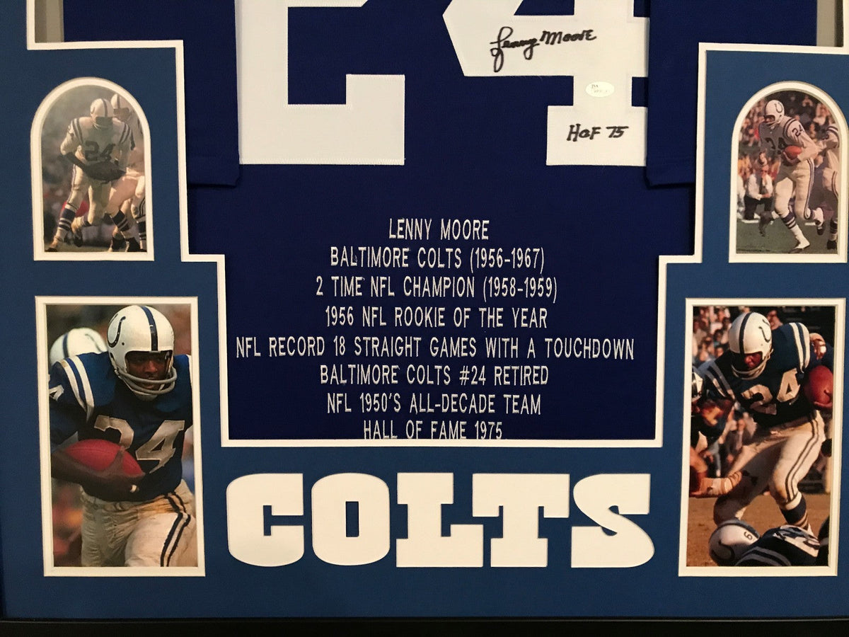 Framed Lenny Moore Autographed Signed Insc Baltimore Colts Stat Jersey Jsa Coa