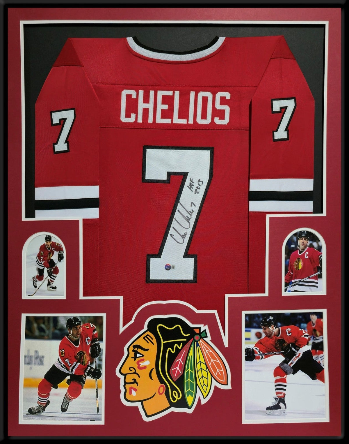 Framed Chicago Blackhawks Chris Chelios Autographed Inscribed Jersey Beckett Coa