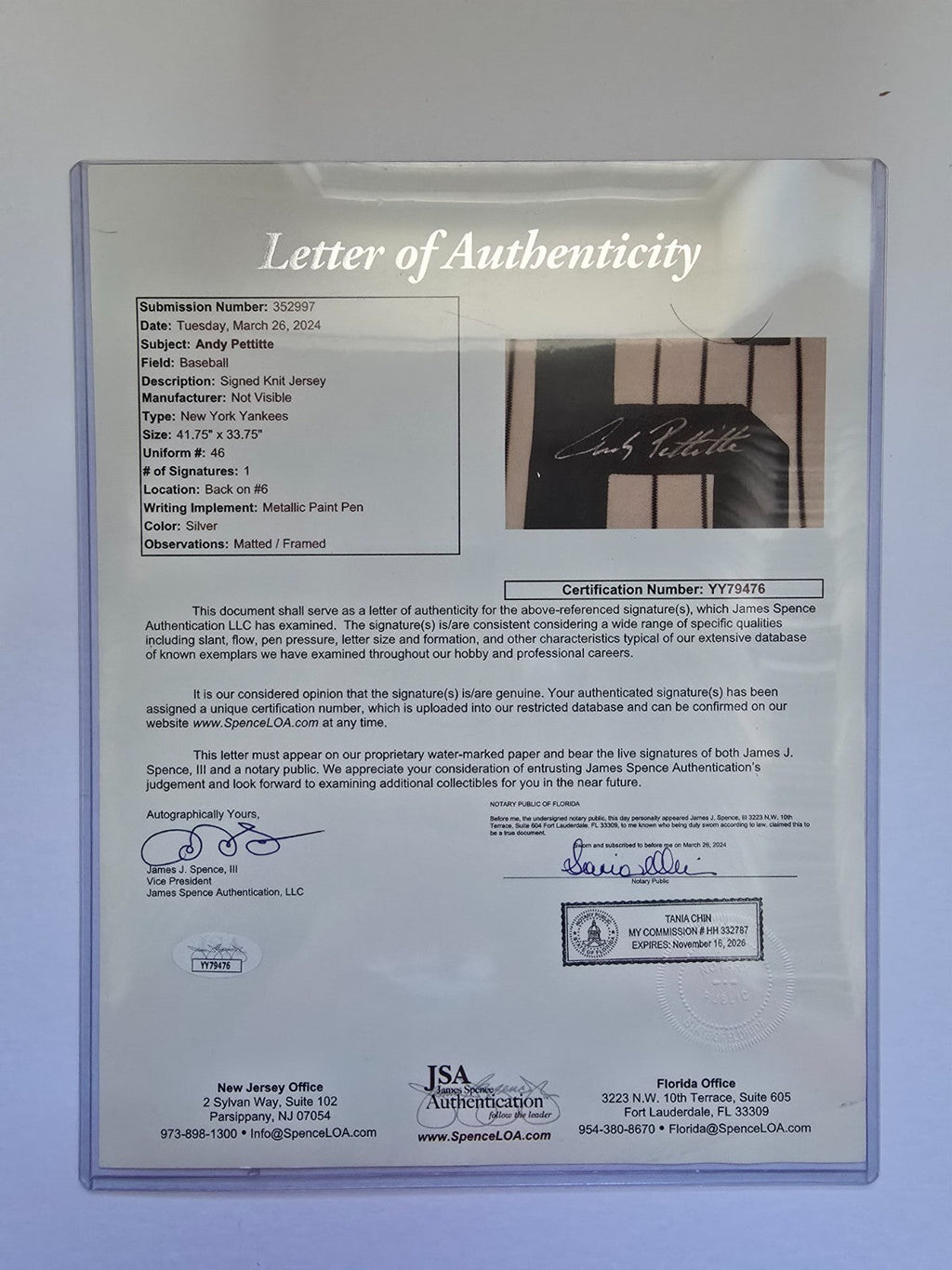Framed Suede Andy Pettitte Autographed Signed New York Yankees Jersey Jsa Letter