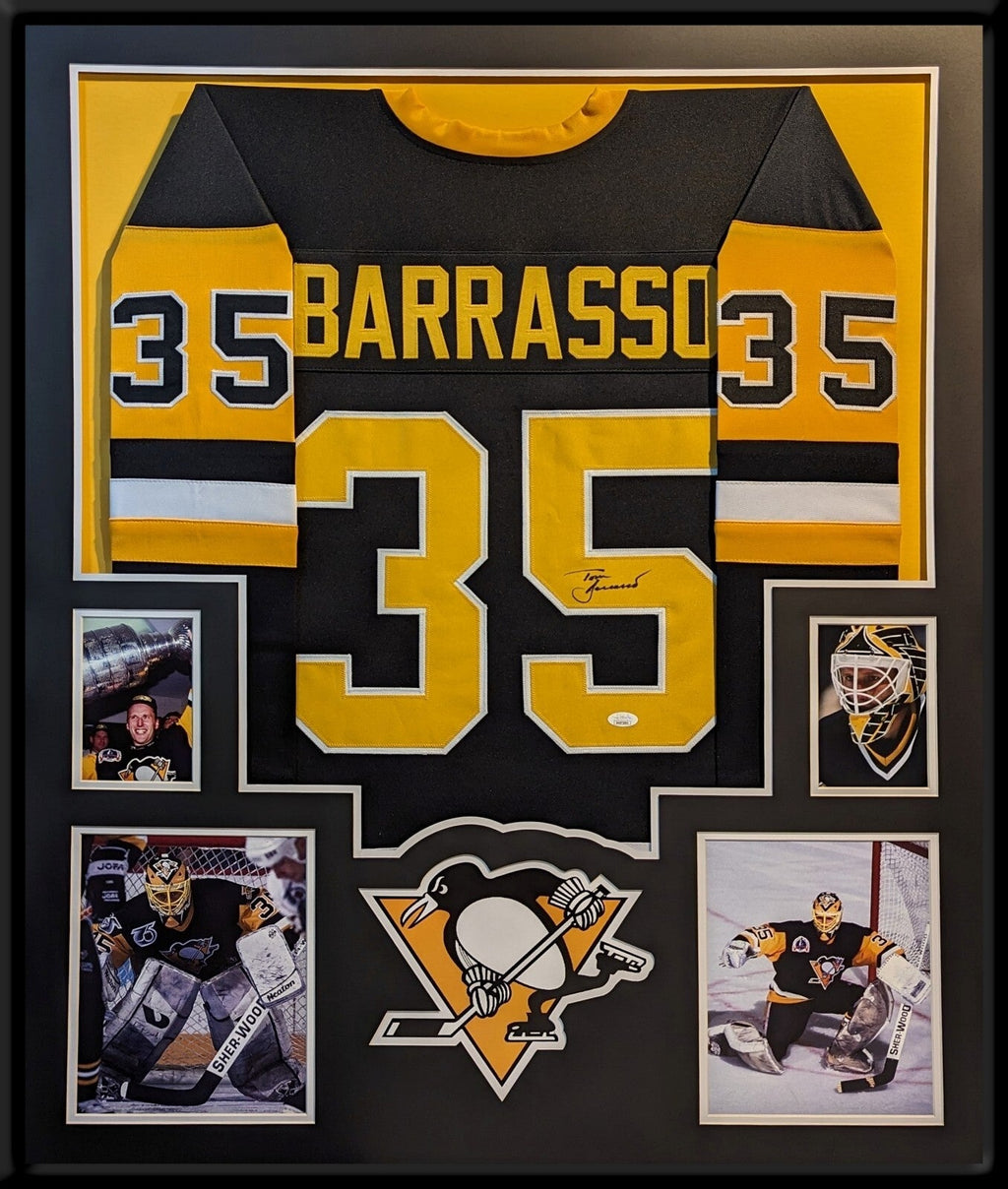 Framed Pittsburgh Penguins Tom Barrasso Autographed Signed Jersey Jsa Coa