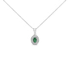 14K White Gold Oval 6x4 MM Green Emerald and Diamond Halo Pendant Necklace - 18 inch