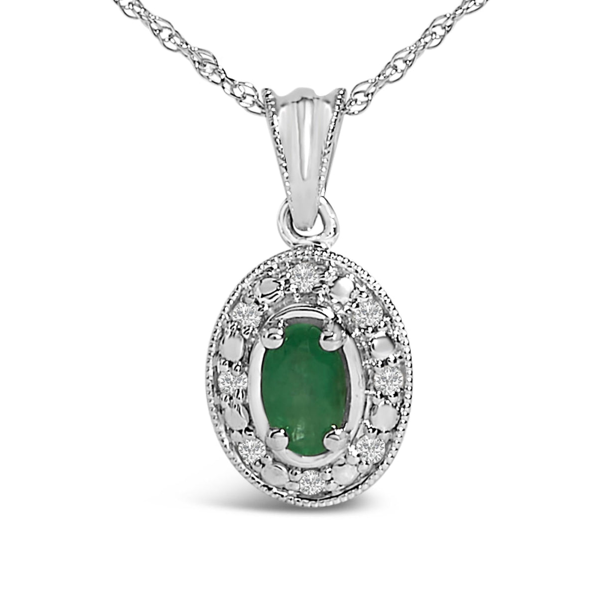 14K White Gold Oval Green Emerald and Diamond Halo Pendant Necklace - 18" Inches