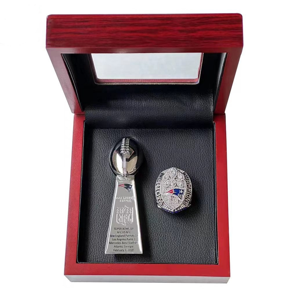 New England Patriots Super Bowl Championship Ring & Trophy Set– 2002, 2004, 2005, 2015, 2017 & 2019
