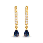 10K Yellow Gold Pear Blue Sapphire and 1/10 Cttw Diamond Drop and Dangle Huggy Hoop Earrings (H-I Color, I1-I2 Clarity)