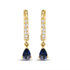 10K Yellow Gold Pear Blue Sapphire and 1/10 Cttw Diamond Drop and Dangle Huggy Hoop Earrings (H-I Color, I1-I2 Clarity)