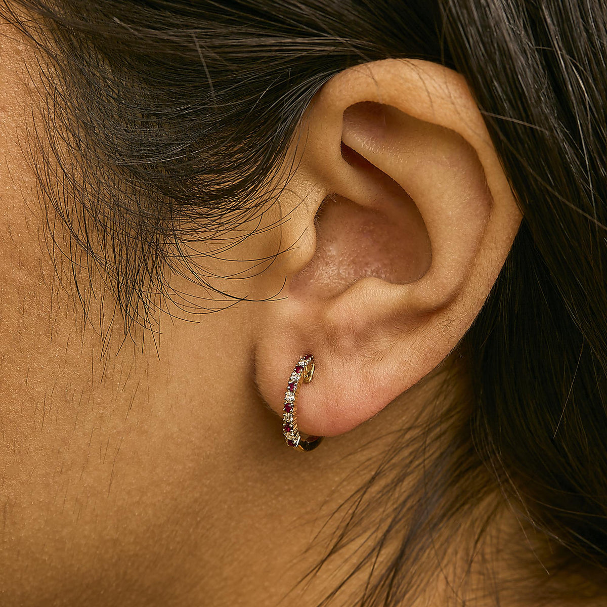 10K Gold Alternating Diamond and Red Ruby Huggy Hoop Earrings