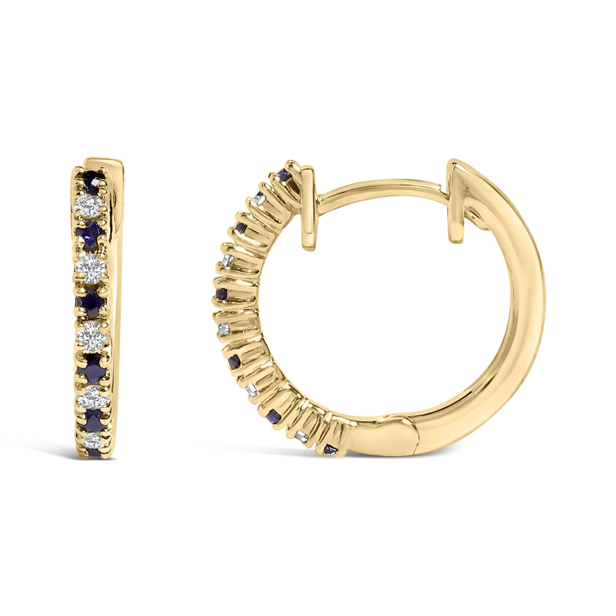 10K Yellow Gold Alternating Blue Sapphire 1/10 Cttw Diamond Huggy Hoop Earrings  (I-J Color, I1-I2 Clarity)