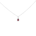 14K White Gold 6x4 Pear Red Ruby and Diamond Halo Pendant Necklace - 18" Inches