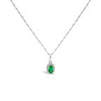 10K White Gold 5x3mm Green Emerald and Diamond Accent Halo Oval Shape 18" Pendant Necklace (I-J Color, I1-I2 Clarity)
